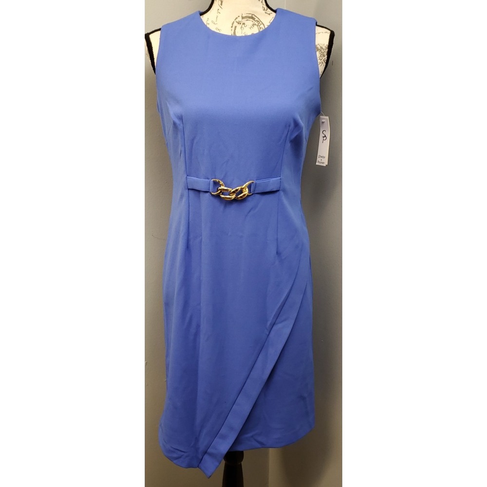 Shelby & Palmer Sheath Dress Womens 6 Blue Gold Chain Belt Sleeveless Workwear
